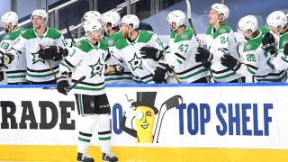 John Klingberg #3 of the Dallas Stars celebrates with teammates on the bench after scoring in the first period of Game One of the Western Conference Final of the 2020 NHL Stanley Cup Playoff between the Dallas Stars and the Vegas Golden Knights at Rogers Place on Sept. 6, 2020 in Edmonton, Alberta.