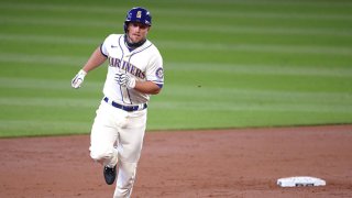 Kyle Seager #15 of the Seattle Mariners rounds the bases on his two-run home run against the Texas Rangers in the first inning at T-Mobile Park on Sept. 6, 2020 in Seattle, Washington.