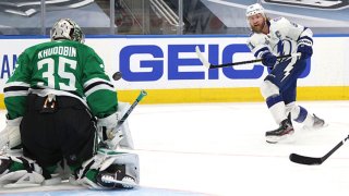 Goaltender Anton Khudobin #35 of the Dallas Stars can't make the save on a wrist shot for a goal by Steven Stamkos #91 of the Tampa Bay Lightning in the first period of Game Three of the NHL Stanley Cup Final between the Tampa Bay Lightning and the Dallas Stars at Rogers Place on Sept. 23, 2020 in Edmonton, Alberta, Canada.