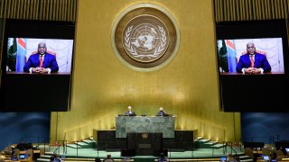 In this photo provided by the United Nations, Congo's President Félix Antoine Tshilombo Tshisekedi's pre-recorded message is played during the 75th session of the United Nations General Assembly, Tuesday, Sept. 22, 2020, at U.N. headquarters.