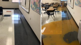 A before (left) and after (right) photo shows flooding inside Lake Dallas High School.