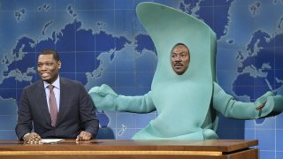 Michael Che and Eddie Murphy dressed a Gumby during the "Weekend Update" segment on "SNL."
