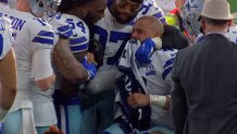 Dallas Cowboys teammates react after quarterback Dak Prescott was injured Sunday, Oct. 11, 2020 against the New York Giants at AT&T Stadium in Arlington, Texas.