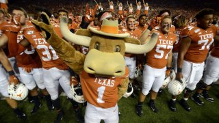 Texas Longhorns mascot "Hook 'em" leads the team in singing the "Eyes of Texas" after 45 - 14 win over the Louisiana Tech Bulldogs on August 31, 2019, at Darrell K Royal-Texas Memorial Stadium in Austin, Texas.