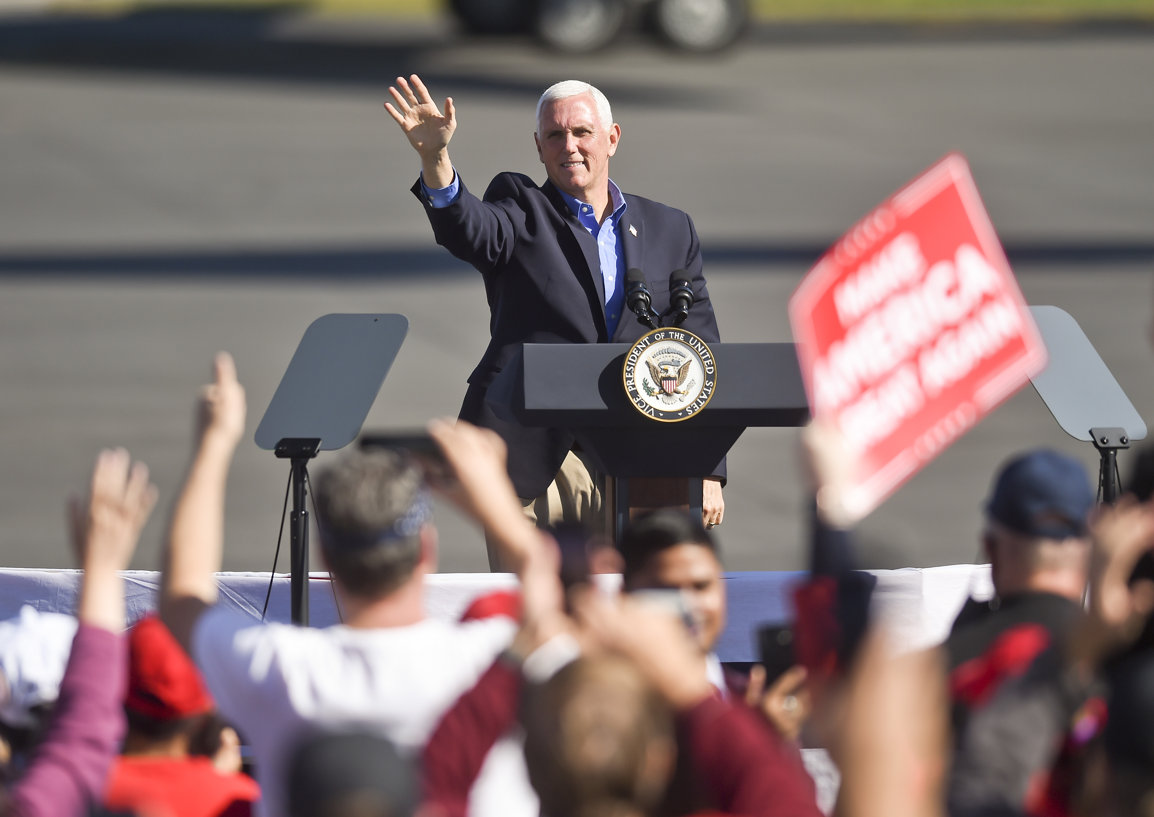 In this Oct. 17, 2020, file photo, Vice President Mike Pence speaks to the crowd. At the Reading Regional Airport in Bern township where Vice President Mike Pence made a stop in Air Force 2 for a campaign rally.