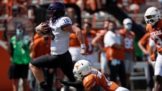 Max Duggan #15 of the TCU Horned Frogs rushes past Caden Sterns #7 of the Texas Longhorns for a touchdown in the fourth quarter at Darrell K Royal-Texas Memorial Stadium on Oct. 3, 2020 in Austin, Texas.