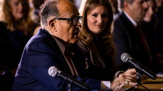 President Donald Trump’s lawyer Rudy Giuliani speaks during a Pennsylvania Senate Majority Policy Committee public hearing Wednesday at the Wyndham Gettysburg Hotel to discuss 2020 election issues and irregularities on November 25, 2020 in Gettysburg, Pennsylvania.