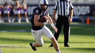 TCU quarterback Max Duggan (15) carries the ball against Texas Tech during the first half of an NCAA college football game Saturday, Nov. 7, 2020, in Fort Worth, Texas.