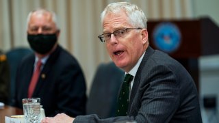 Acting Secretary of Defense Christopher Miller speaks during a meeting with Lithuanian Minister of National Defence Raimundas Karoblis at the Pentagon, Friday, Nov. 13, 2020.