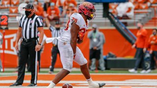 Iowa State Cyclones running back Breece Hall (28) scores the go ahead touchdown during the game between the Texas Longhorns and the Iowa State Cyclones on Nov. 27, 2020 at Darrell K Royal - Texas Memorial Stadium in Austin, Texas.