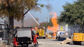 Flames could be seen coming from the area of Westchester Drive, near Emerson Avenue, near Highland Park High School, where a gas line erupted Saturday.