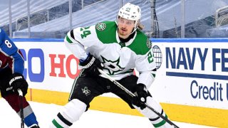 Roope Hintz #24 of the Dallas Stars controls the puck ahead of Cale Makar #8 of the Colorado Avalanche during the second period of Game Five of the Western Conference Second Round during the 2020 NHL Stanley Cup Playoffs at Rogers Place on Aug. 31, 2020 in Edmonton, Alberta.