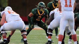 Linebacker Terrel Bernard gets ready for a play during game featuring the Baylor Bears and the Texas Longhorns on Oct. 24, 2020, at Darrell K Royal-Texas Memorial Stadium in Austin, Texas.