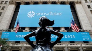 A banner for Snowflake Inc. is displayed celebrating the company’s IPO at the New York Stock Exchange (NYSE) in New York, U.S., September 16, 2020.