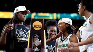 Kalani Brown #21 of the Baylor Lady Bears and Chloe Jackson #24 of the Baylor Lady Bears celebrate their teams 82-81 win over the Notre Dame Fighting Irish to win the championship game of the 2019 NCAA Women’s Final Four at Amalie Arena on April 07, 2019 in Tampa, Florida.