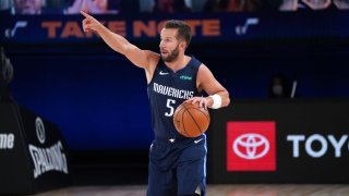 J.J. Barea #5 of the Dallas Mavericks handles the ball against the Utah Jazz on August 10, 2020 at the AdventHealth Arena at in Orlando, Florida.
