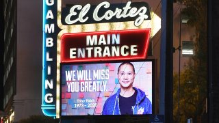 A tribute to tech entrepreneur Tony Hsieh at the El Cortez Hotel & Casino