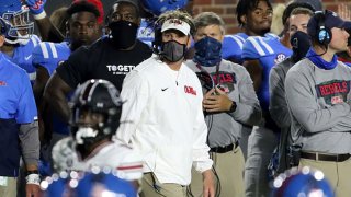 Ole Miss Rebels head coach Lane Kiffen during the game between the Ole Miss Rebels and the South Carolina Gamecocks on Nov. 14, 2020, at Vaught-Hemingway Stadium in Oxford, Mississippi.