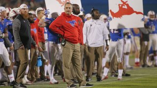 Southern Methodist Mustangs head coach Sonny Dykes looks on during the Frisco Bowl between SMU and Louisiana Tech on Dec. 20, 2017, at Toyota Stadium in Frisco, Texas.