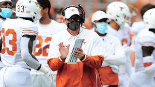 Texas Longhorn head coach Tom Herman applauds during game featuring the Baylor Bears and the Texas Longhorns on Oct. 24, 2020, at Darrell K Royal-Texas Memorial Stadium in Austin, Texas.