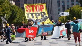 Demonstrators protesting against the Trans-Pacific Partnership are seen on Pennsylvania Avenue, in Washington, D.C.
