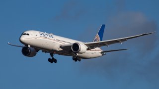 United Airlines Boeing 787-9 Dreamliner landing in London Heathrow International airport in England, UK.