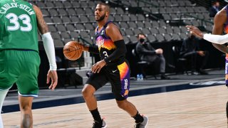 Chris Paul #3 of the Phoenix Suns dribbles the ball during the game against the Dallas Mavericks on Jan. 30, 2021 at the American Airlines Center in Dallas, Texas.