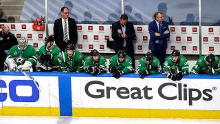 The Dallas Stars react to their 2-0 deficit late in the third against the Tampa Bay Lightning in Game Six of the 2020 NHL Stanley Cup Final at Rogers Place on Sept. 28, 2020 in Edmonton, Alberta, Canada.