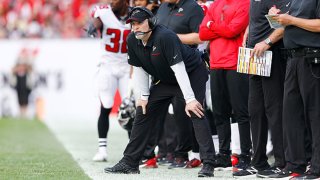 Head coach Dan Quinn of the Atlanta Falcons reacts against the Tampa Bay Buccaneers during the first half at Raymond James Stadium on Dec. 29, 2019 in Tampa, Florida.