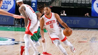 Eric Gordon #10 of the Houston Rockets dribbles the ball during the game against the Dallas Mavericks on Jan. 23, 2021 at the American Airlines Center in Dallas, Texas.