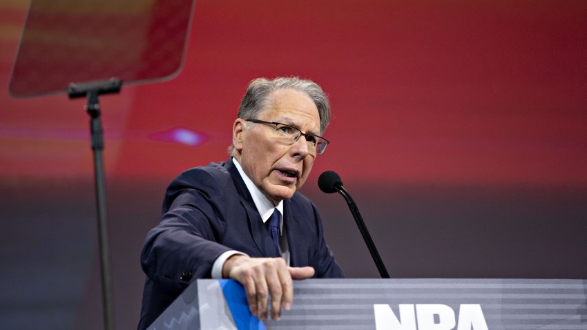 Wayne LaPierre, chief executive officer of the National Rifle Association (NRA), speaks during the NRA annual meeting of members in Indianapolis, Indiana, U.S., on Saturday, April 27, 2019. Retired U.S. Marine Corps Lieutenant Colonel Oliver North has announced that he will not serve a second term as the president of the National Rifle Association amid inner turmoil in the gun-rights group.