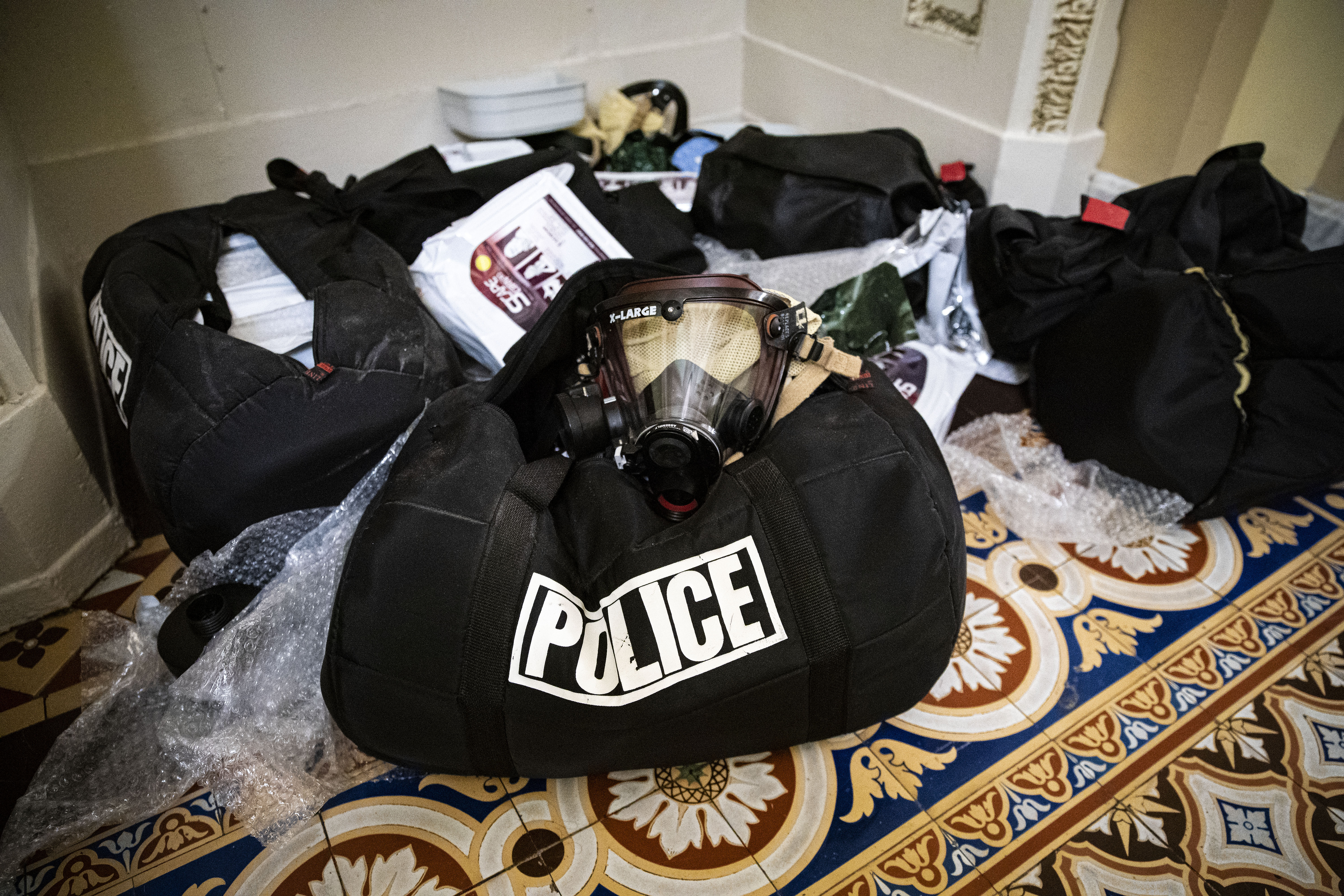 A gas mask and other supplies for the U.S. Capitol Police at the U.S. Capitol in Washington, D.C., U.S., on Thursday, Jan. 14, 2021. President Trump&#8217;s unprecedented second impeachment heads to the Senate, where his fate rests with Republican leader McConnell, who now has more leverage than ever over the president in his final week in office. Photographer: Al Drago//Bloomberg via Getty Images