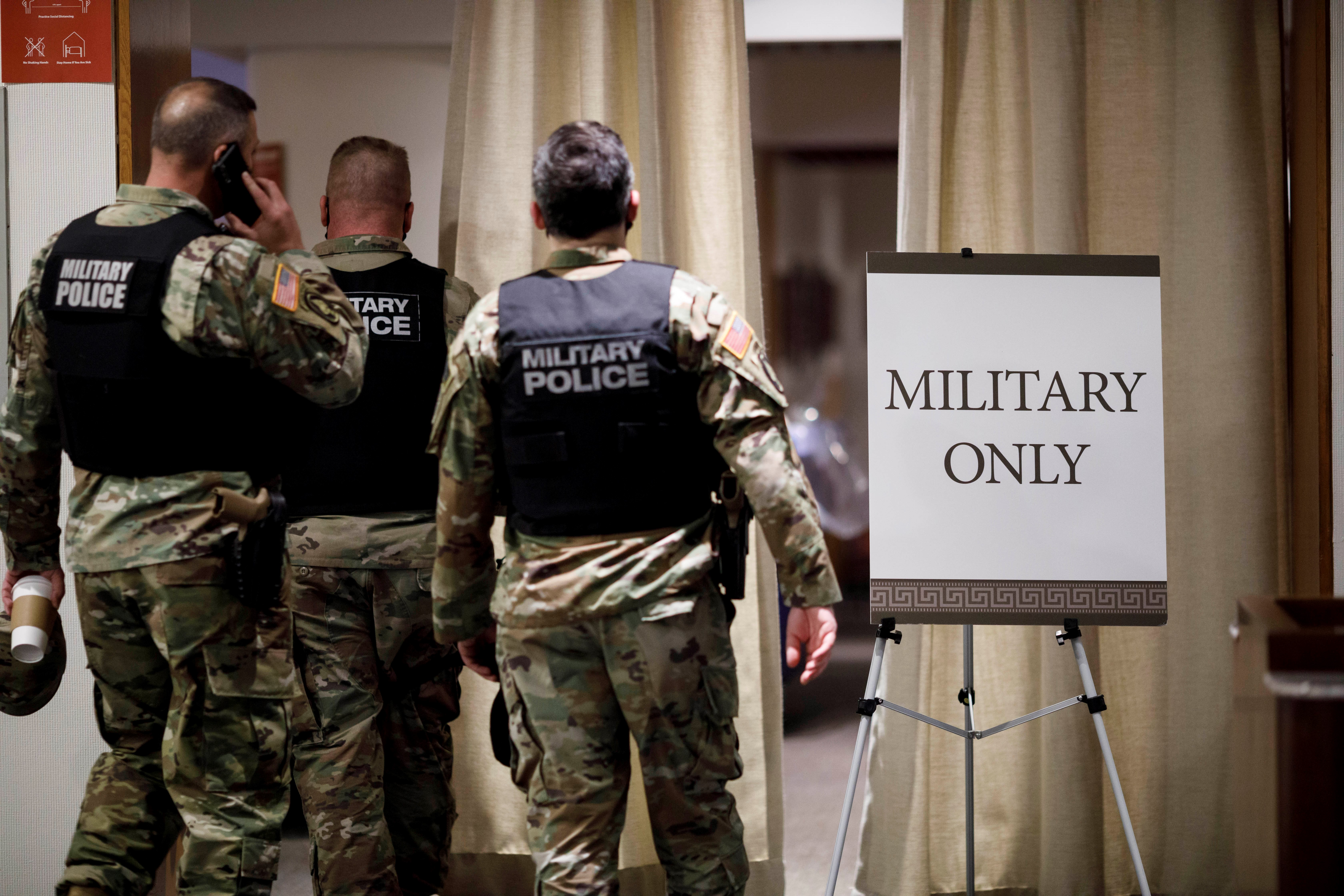 WASHINGTON, D.C., Jan. 15, 2021 &#8212; National Guard soldiers are seen inside the U.S. Capitol, in Washington, D.C., the United States, on Jan. 14, 2021. U.S. President Donald Trump on Jan. 11 approved an emergency  declaration for Washington, D.C., effective through Jan. 24, covering the date of President-elect Joe Biden&#8217;s inauguration on Jan. 20. (Photo by Ting Shen/Xinhua via Getty)