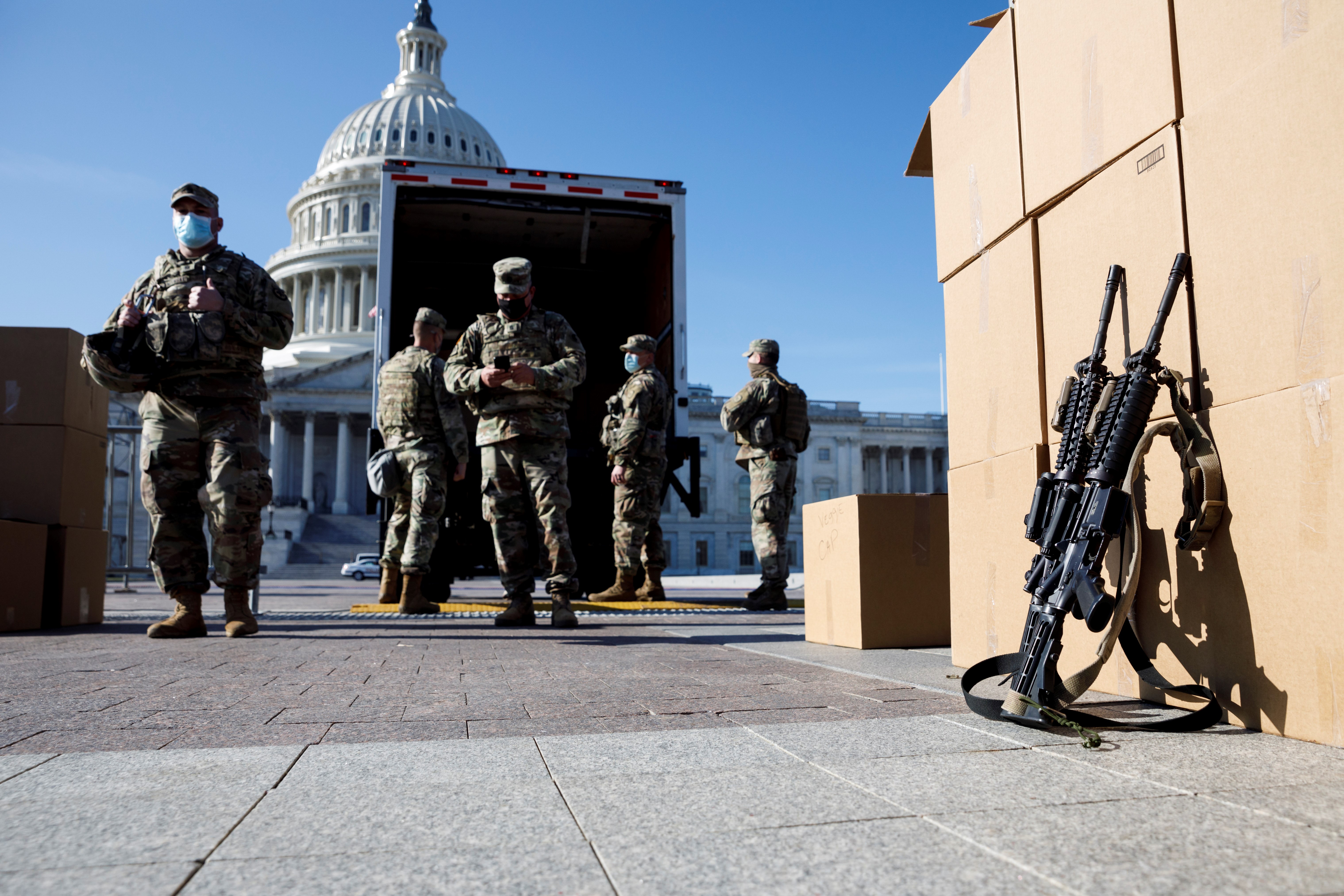 WASHINGTON, D.C., Jan. 15, 2021 &#8212; National Guard soldiers are seen on Capitol Hill in Washington, D.C., the United States, on Jan. 14, 2021. U.S. President Donald Trump on Jan. 11 approved an emergency  declaration for Washington, D.C., effective through Jan. 24, covering the date of President-elect Joe Biden&#8217;s inauguration on Jan. 20. (Photo by Ting Shen/Xinhua via Getty)