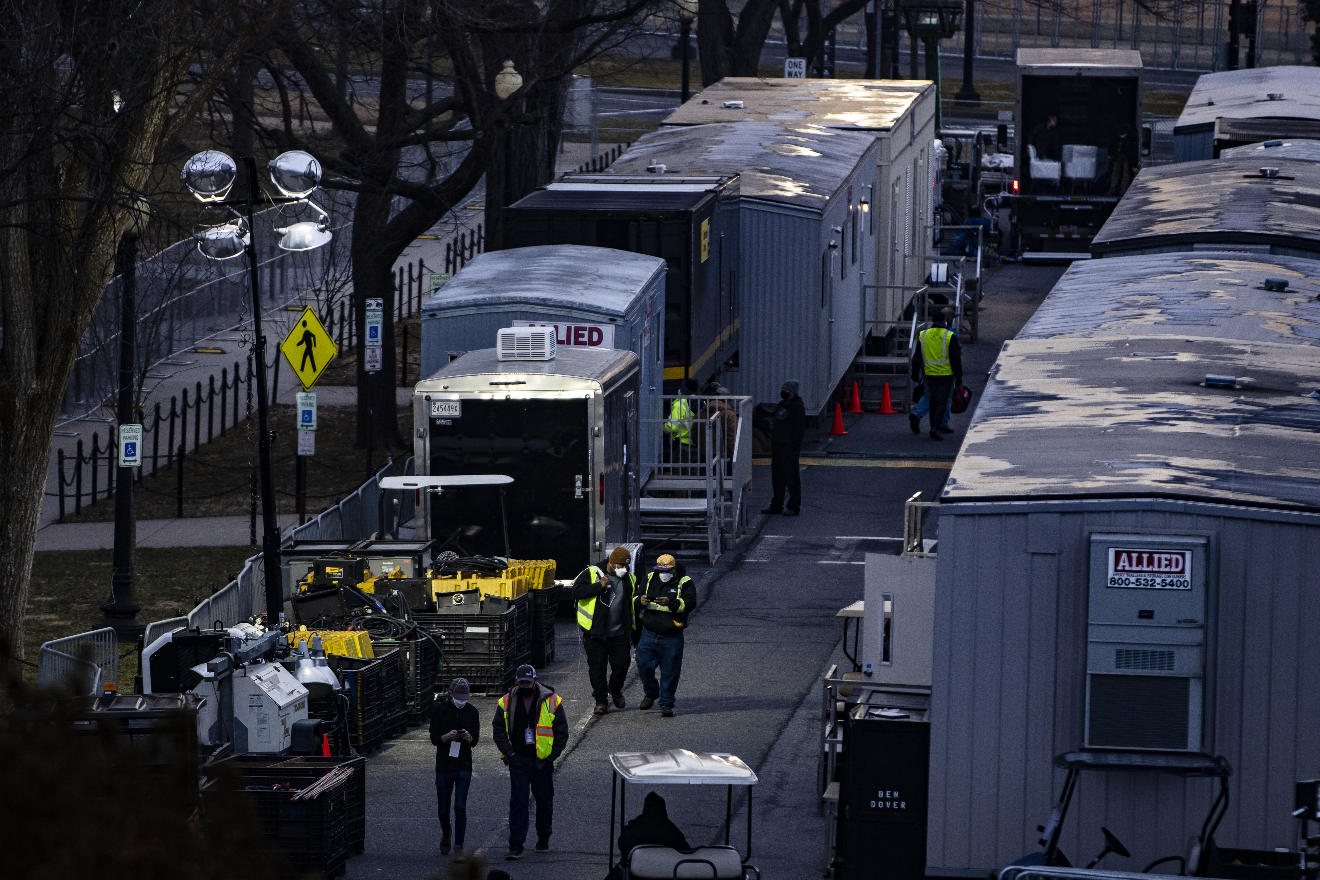 WASHINGTON, DC &#8211; JANUARY 15: A temporary staging location for workers making the preparations for next weeks inauguration ceremony on the National Mall on January 15, 2021 in Washington, DC. Due to security threats following the January 6th pro-Trump mob at the US Capitol, law enforcement agencies moved up security measures along the National Mall and much of downtown Washington, D.C. essentially closing down the Mall a week ahead of President-elect Joe Bidens inauguration. (Photo by Samuel Corum/Getty Images)