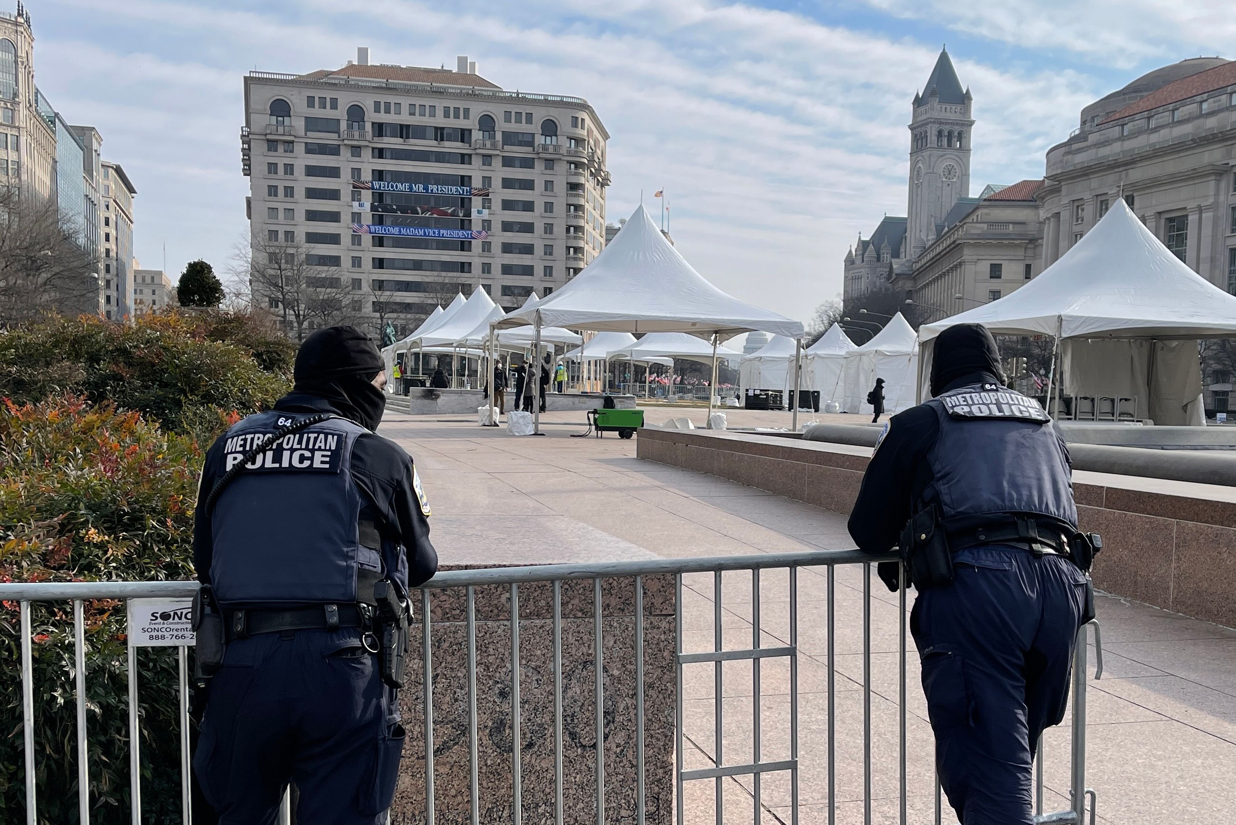 Metropolitan police officers patrol Freedom Plaza near the White House in Washington, DC, on January 15, 2021, five days before the inauguration of US President-elect Joe Biden. (Photo by Paul Ratje / AFP)