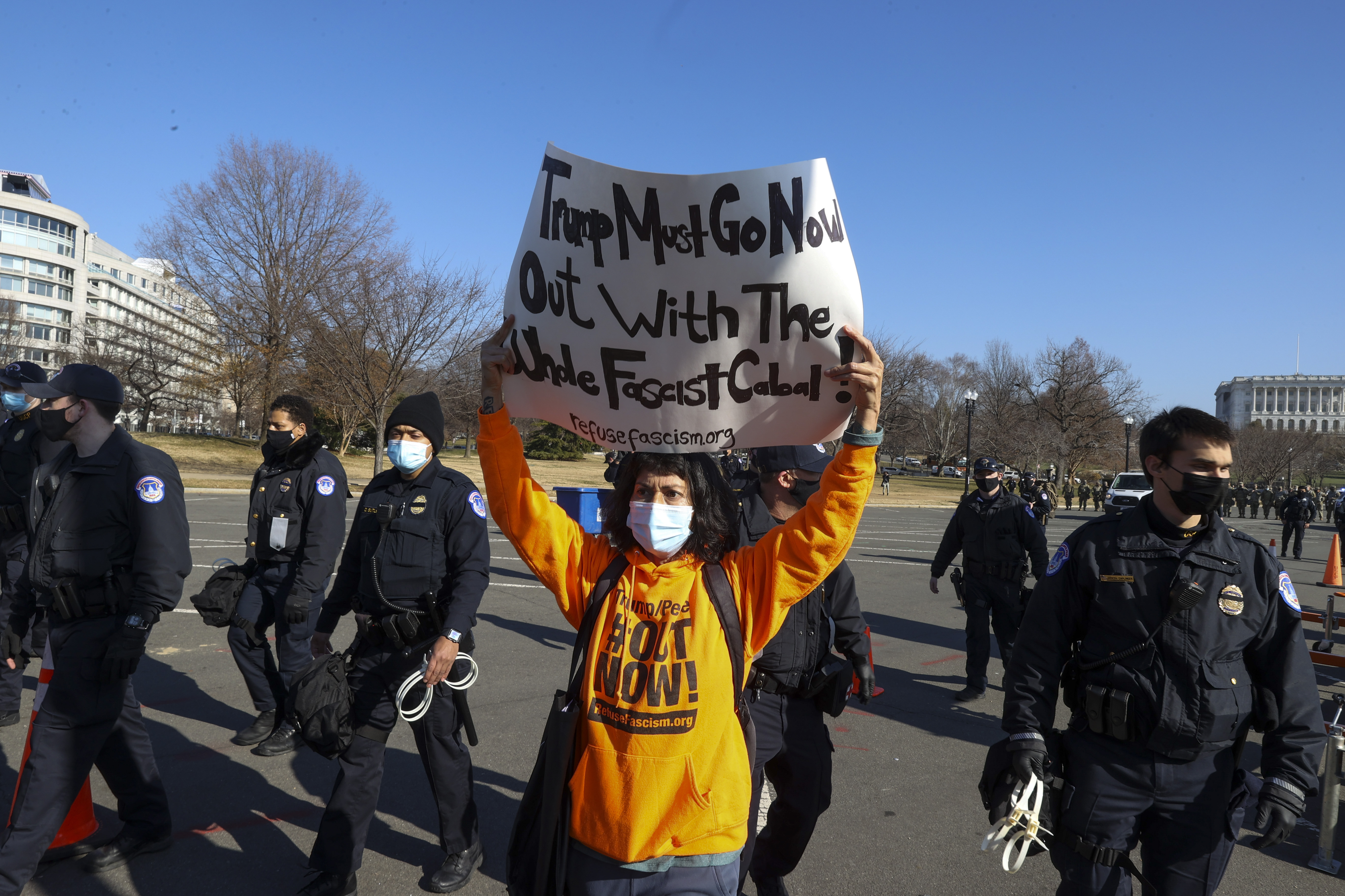 WASHINGTON, DC &#8211; JANUARY 13: U.S. Capitol Police prepare to make arrests as anti-Trump protesters gather on the West Front of the U.S. Capitol on January 13, 2021 in Washington, DC. The House of Representatives is expected to vote to impeach President Donald Trump later today, after Vice President Mike Pence declined to use the 25th amendment to remove him from office following a violent breach of the U.S. Capitol by a pro-Trump mob last week. (Photo by Tasos Katopodis/Getty Images)