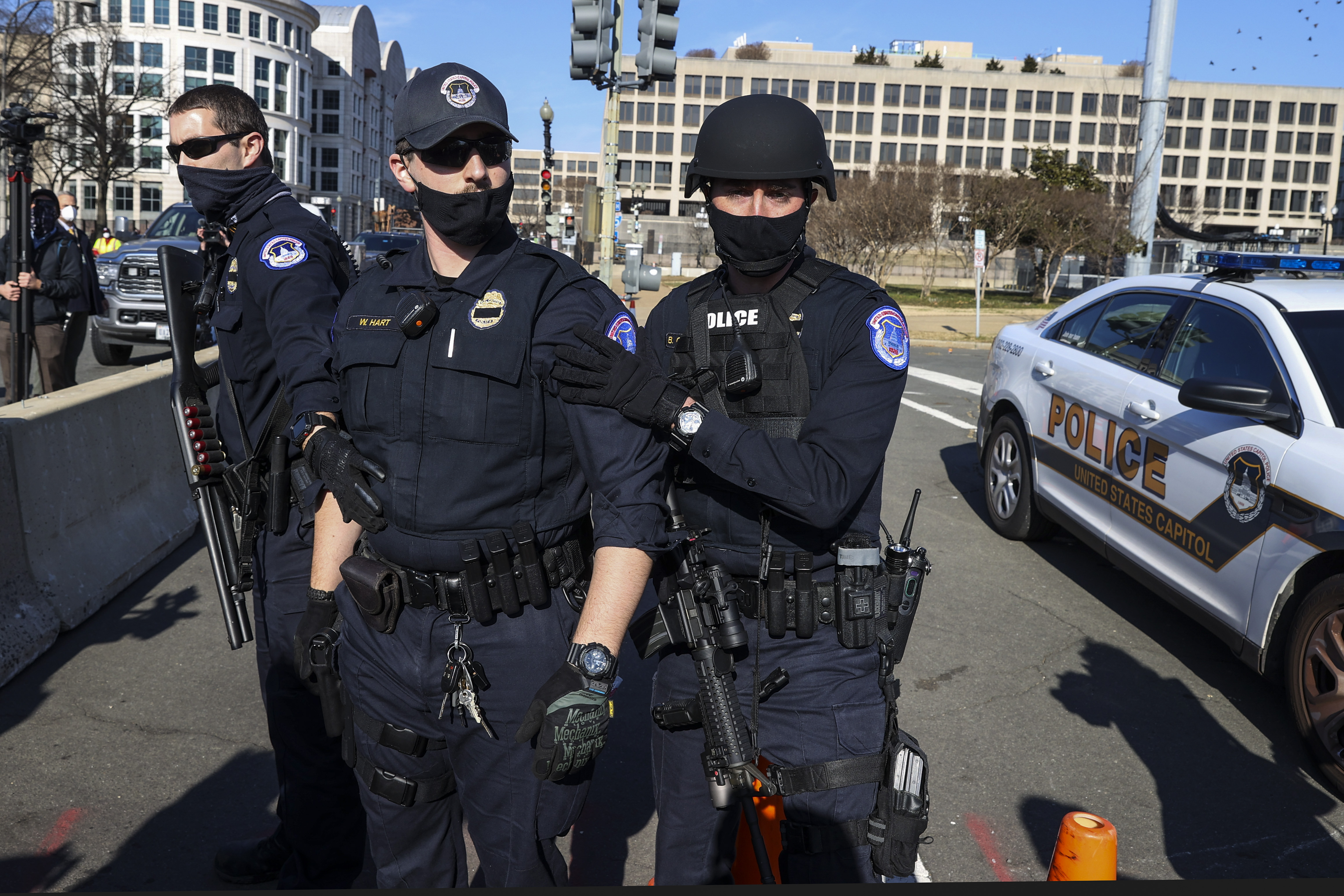 WASHINGTON, DC &#8211; JANUARY 13: U.S. Capitol Police keep anti-Trump protesters back as they gather on the West Front of the U.S. Capitol on January 13, 2021 in Washington, DC. The House of Representatives is expected to vote to impeach President Donald Trump later today, after Vice President Mike Pence declined to use the 25th amendment to remove him from office following a violent breach of the U.S. Capitol by a pro-Trump mob last week. (Photo by Tasos Katopodis/Getty Images)