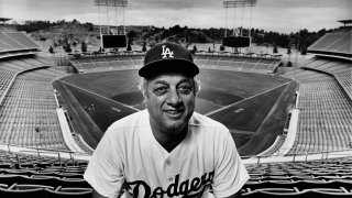 LOS ANGELES, CA – 1980: Baseball Hall of Fame player and manager, Tommy Lasorda, poses during a 1980 Los Angeles, California, photo portrait session at Dodger Stadium. Lasorda managed the Los Angeles Dodgers from 1976 to 1996. (Photo by George Rose/Getty Images)