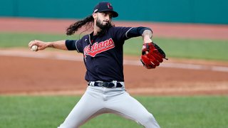 Relief pitcher Hunter Wood #44 of the Cleveland Indians delivers a pitch in the second inning of an intrasquad game during summer workouts at Progressive Field on July 12, 2020 in Cleveland, Ohio.