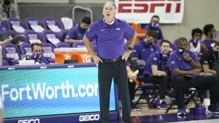 TCU Horned Frogs head coach Jamie Dixon gives direction during the game between TCU and North Dakota State on Dec. 22, 2020 at Ed & Rae Schollmaier Arena in Fort Worth, Texas.