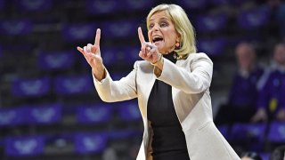 Head coach Kim Mulkey of the Baylor Bears instructs her team during the first half against the Kansas State Wildcats on Feb. 13, 2019 at Bramlage Coliseum in Manhattan, Kansas.