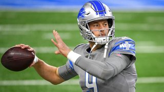 Matthew Stafford #9 of the Detroit Lions warms up before the game against the Tampa Bay Buccaneers at Ford Field on Dec. 26, 2020 in Detroit, Michigan.