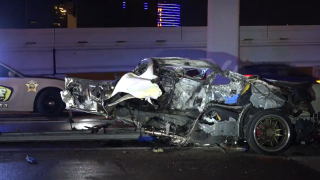 One person died Sunday morning when their Infiniti struck an attenuator at the Interstate 35 split with Interstate 30 near downtown Dallas and caught fire, according to the Dallas County Sheriff’s Department.