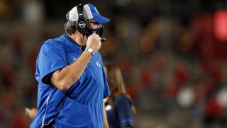 Offensive coordinator Jeff Grimes of the BYU Cougars reacts in the first half against the Houston Cougars at TDECU Stadium on Oct. 16, 2020 in Houston, Texas.