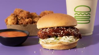 Shake Shack’s limited-edition menu of “Korean-style” offerings includes gochujang-glazed crispy chicken breast over white kimchi slaw and toasted sesame seeds.