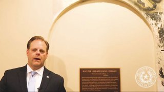 Ellis County Judge Todd Little talks about the Ellis County office relocation and the segregation-era ‘Negroes’ sign on November 17, 2020, at the Ellis County Courthouse in Waxahachie, Texas. Little is the subject of a criminal vandalism investigation after authorities say he directed an acquaintance to spray paint over the sign.