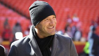 CBS broadcaster Tony Romo before the AFC Championship game between the Tennessee Titans and Kansas City Chiefs on Jan. 19, 2020 at Arrowhead Stadium in Kansas City, Missouri.