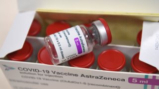 In this Feb. 6, 2021, file photo, a box containing vials of the AstraZeneca COVID-19 vaccine is pictured at the Foch hospital in Suresnes on the start of a vaccination campaign for health workers with the AstraZeneca/Oxford vaccine.