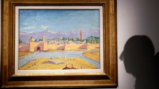 An oil on canvas painting by Sir Winston Churchill Painted in Jan. 1943 called ‘Tower of the Koutoubia Mosque’ is displayed at Christie’s auction rooms in London, Friday, Jan. 29, 2021.